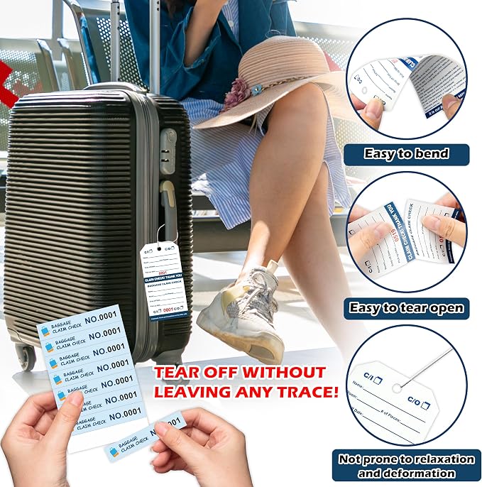 500 Pcs Hotel Luggage Claim Tags 001 to 500 with Strings 4-3/4 x 2-3/8 Inch with 8 Labels & Matching Numbers Durable Paper Baggage Check Tags with Stubs for Hotels Storage and Transport (500)