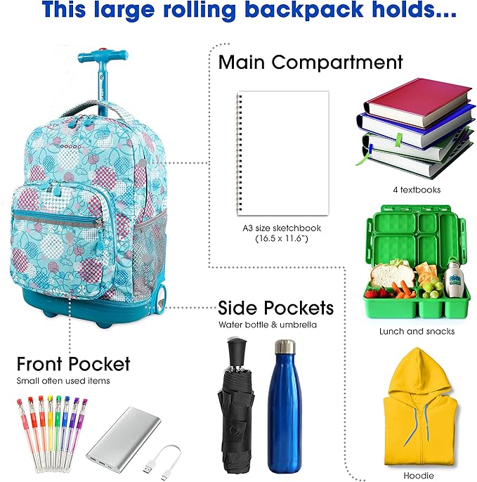 J World Sunrise Kids Rolling Backpack for Girls Boys. Roller Bookbag With Wheels For School, Dandelion