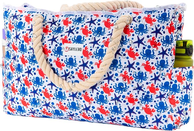 Beach Bag and Pool Bag Has Cooler Pocket, 7 Pockets Total, Zip Top. Family Size Waterproof Beach Tote
