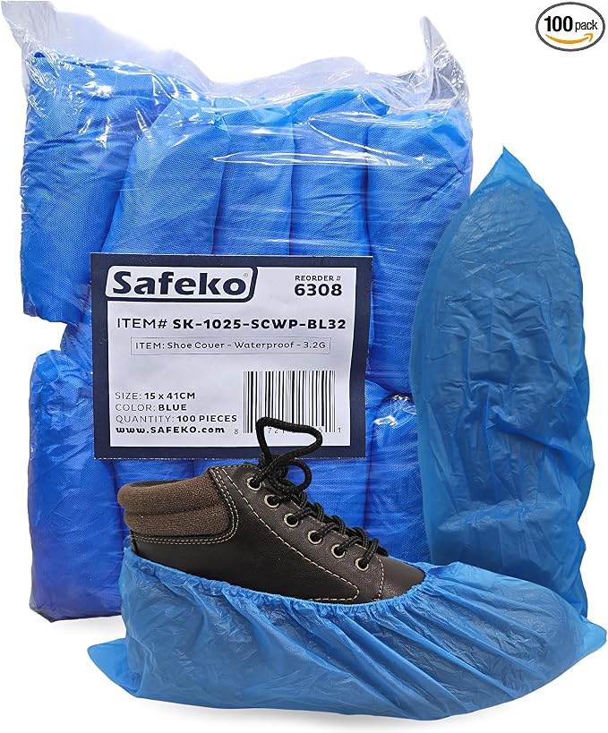 Waterproof Shoe Covers – Non-Slip, Disposable CPE Boot Covers, Blue, 100 Pack