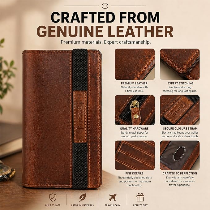 Tan Leather Long Passport Wallet - Travel Document Organizer with Card Slots ID Window Zipper Pocket Slim Passport Holder for Travel & Everyday Use, 5 x 9
