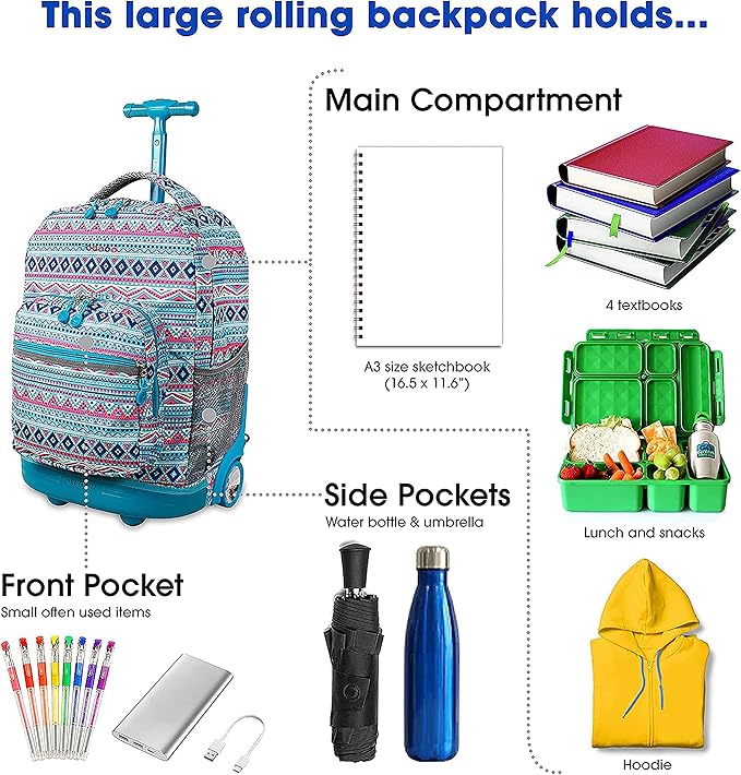 J World New York Sunrise Rolling Backpack Backpack, MINT TRIBAL