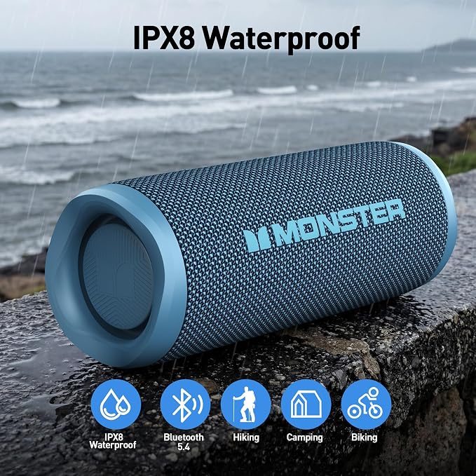 Monster S620 Bluetooth Speaker, Wireless Portable Outdoor Bluetooth Speakers, 60W True Wireless Stereo IPX8 Waterproof, Dual PairingBluetooth 5.4 Built-in Mic, Perfect for Home, Blue
