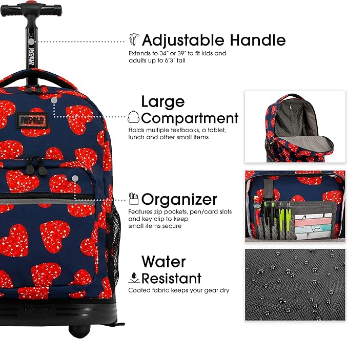 J World Sunrise Kids Rolling Backpack for Girls Boys. Roller Bookbag With Wheels For School, Love Spangle