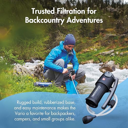 Katadyn Vario Dual Mode Hand Pump Water Filter for Camping, Backpacking & Hiking - Portable & Lightweight Water Filtration System for Survival, Easy to Use - 2L Per Minute, 15 oz