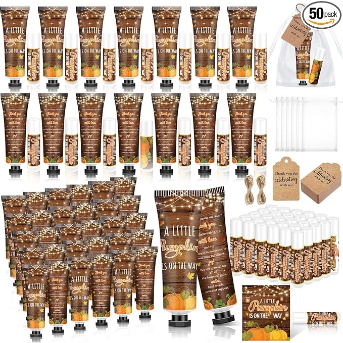 50 Sets 200 Pcs Baby Shower Hand Lotion and Lip Balm Gift Theme Baby Shower Party Favors Travel Size Hand Lotion and Lip Balm Bulk with Organza Bags Tags(Rustic Pumpkin)