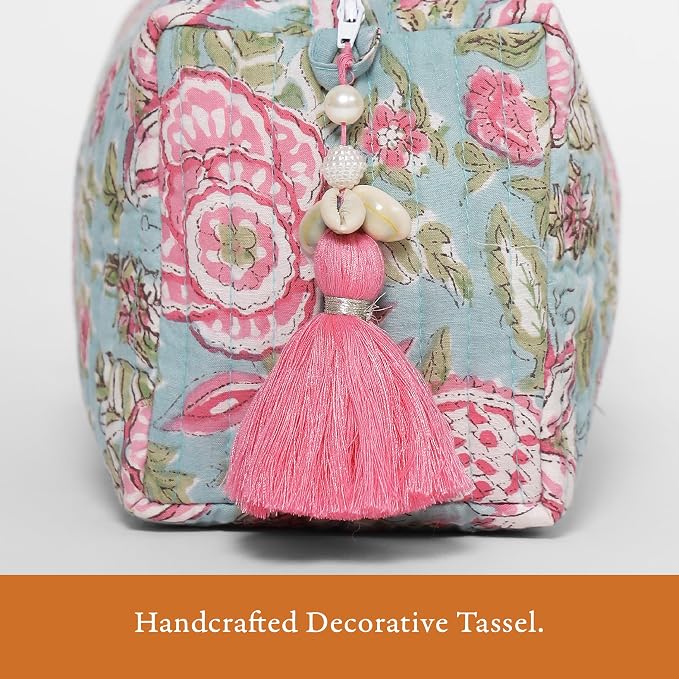Saffron Marigold Quilted Makeup Bag Set of 3, Hand Block Printed Cotton Cosmetic Bags for Women, Waterproof Lined Travel Toiletry Bag, Coquette Floral Aesthetic, Handmade Gift, Jacobean Dreams