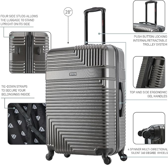 InUSA RESILIENCE Luggage with Spinner Wheels | Durable Lightweight Hardside Suitcase, Spacious Travel Bag with Handle and Trolley | 28-Inch Large Checked Luggage | Charcoal