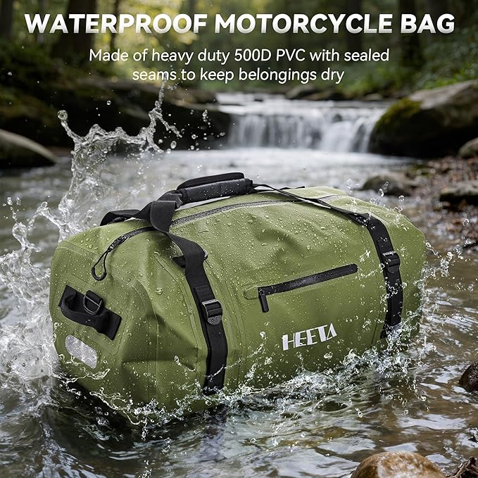 HEETA Waterproof Motorcycle Dry Bag, Waterproof Duffel Luggage Travel Bags with Zippered Closure & Pocket, Shoulder Straps, Large Space for Motorcycling Camping Commuting Boating (Green, 70L)