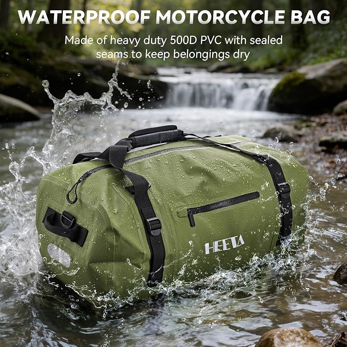 HEETA Waterproof Motorcycle Dry Bag, Waterproof Duffel Luggage Travel Bags with Zippered Closure & Pocket, Shoulder Straps, Large Space for Motorcycling Camping Commuting Boating (Green, 30L)