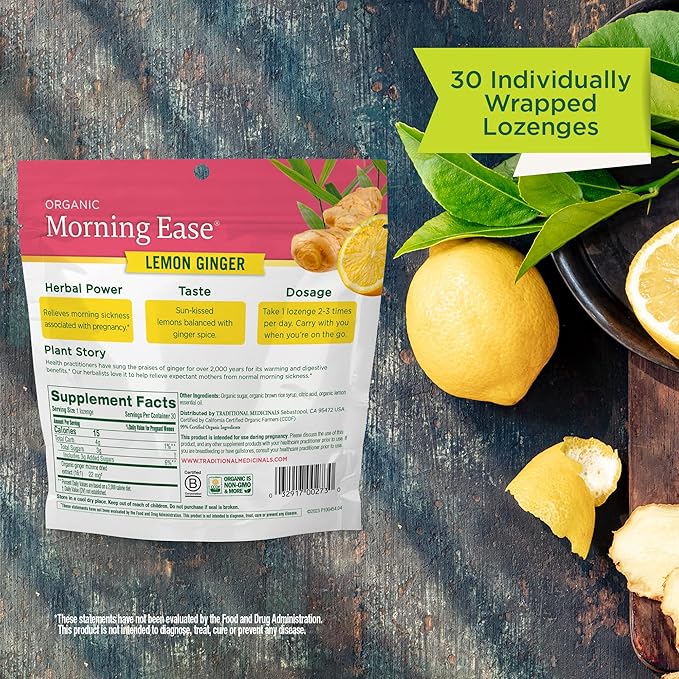 Traditional Medicinals Organic, Morning Ease Lozenges, Lemon Ginger - Supports Pregnancy Nausea Relief & Morning Sickness Associated with Normal Pregnancy - 30 Individually Wrapped Lozenges