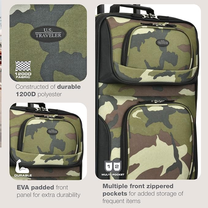 U.S. Traveler Rio Lightweight Softside Rolling Carry-on Suitcase, 2-Wheel Single, Camouflauge