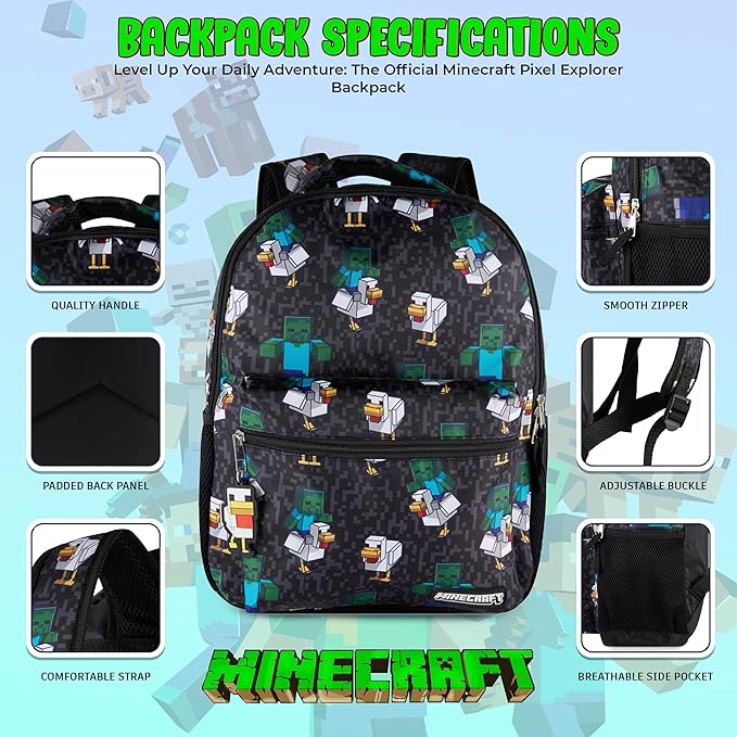 AI ACCESSORY INNOVATIONS Minecraft Chicken Jockey Boys & Girls Backpack, 16” Bookbag w/Molded Chicken Rubber Dangle