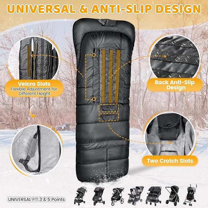 Orzbow Stroller Footmuff Universal - Weather-Proof Bunting Bag for Toddler, Warm Fleece Sleeping Bag for Cold Weather, Easily Attaches to Most Strollers, Baby Boys Girls Winter Essentials, Black