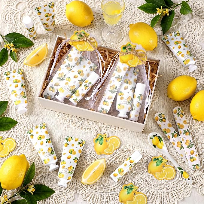 Leelosp 24 Sets Lemon Hand Cream and Lip Balm Bridal Baby Shower Party Favors Bulk Summer Lemon Travel Size Hand Lotion Lip Balm Nail File Gifts Set Bridal Shower Wedding Party Supplies for Guests