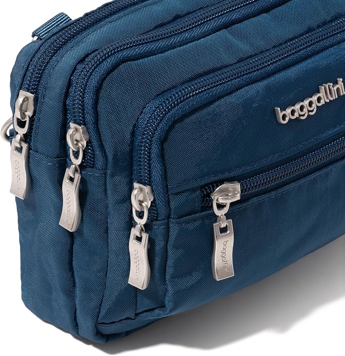 Baggallini Triple Zip Small Crossbody Bag for Women - Lightweight Convertible Fanny Pack Belt Bag