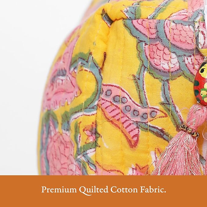 Saffron Marigold Quilted Makeup Bag Set of 3, Hand Block Printed Cotton Cosmetic Bags for Women, Waterproof Lined Travel Toiletry Bag, Coquette Floral Aesthetic, Handmade Gift, Summer Garden