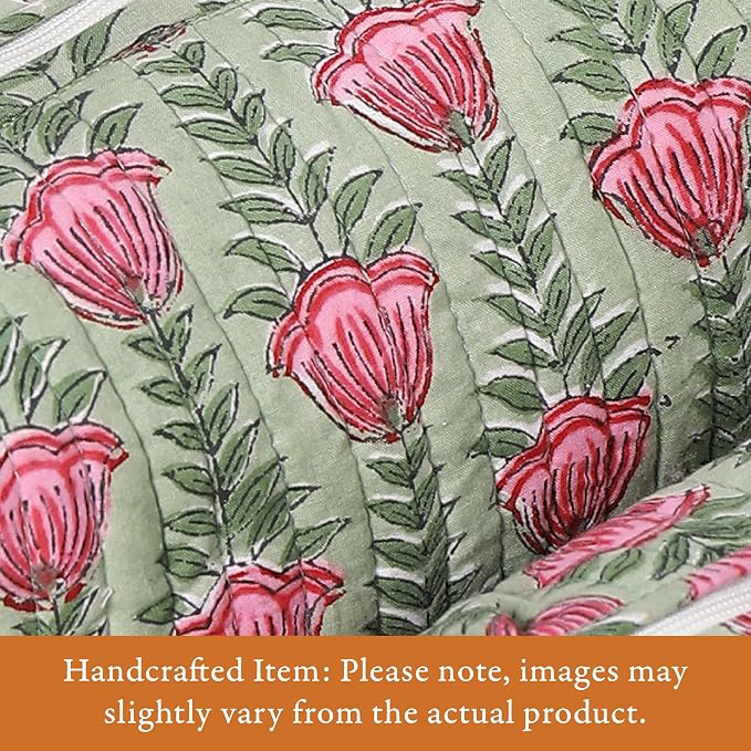 Saffron Marigold Quilted Makeup Bag Set of 3, Hand Block Printed Cotton Cosmetic Bags for Women, Waterproof Lined Travel Toiletry Bag, Coquette Floral Aesthetic, Handmade Gift, Tulip Rain
