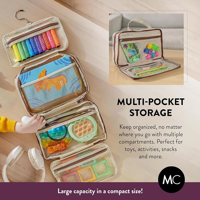 Kids Travel Organizer – Multi-Compartment, Water-Resistant Hanging Bag for Toys, Snacks, & Activities - Compact, Lightweight Design with Hook & Carry Handle - Perfect for Travel Use (Beige, Small)