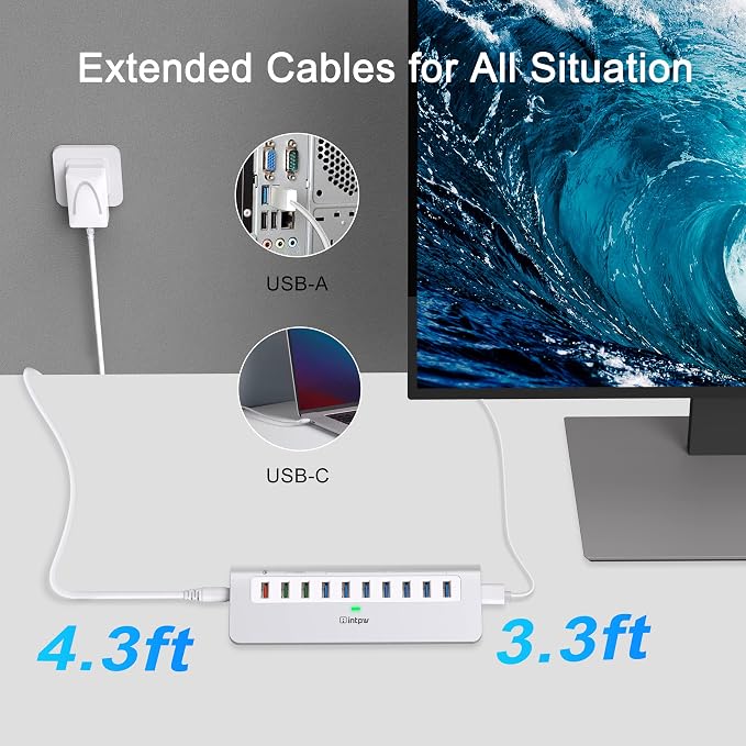 Powered USB Hub 10Gbps, 10 Port USB 3.2 Gen 2 Hub with 7 USB 3.2 Data Ports, 3 Fast Charging Ports, 36W Power Adapter, Type A and Type C Cable, Aluminum USB Hub for Laptop, Mac, PC