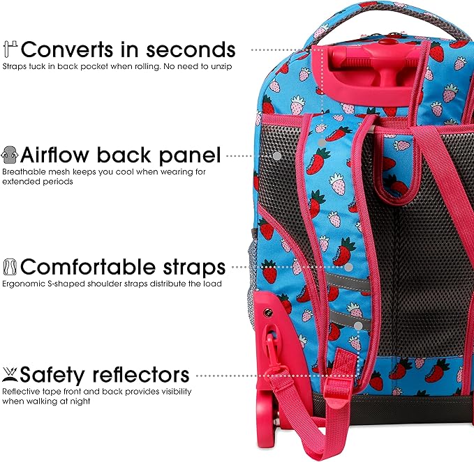 J World Sunrise Kids Rolling Backpack for Girls Boys. Roller Bookbag With Wheels For School, Strawberry
