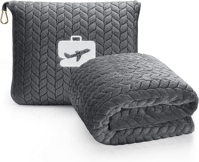 EverSnug Travel Blanket & Pillow 68x42 - Premium Ultra-Soft Microfleece 2 in 1 Compact & Packable Flight Blanket with Soft Bag Pillowcase, Hand Luggage Sleeve and Backpack Clip (Grey)