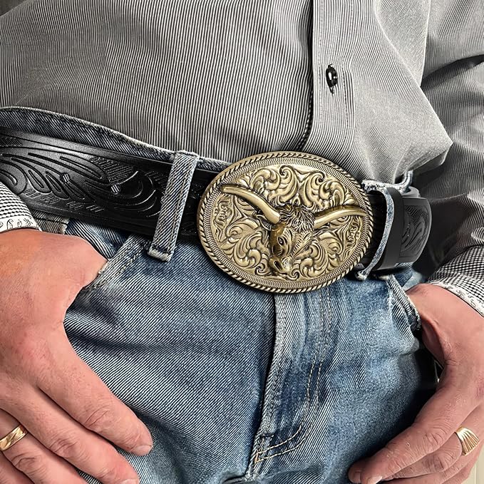 SANSTHS Western Cowboy Belts for Men Women, Mens Western Belt Bull Buckle Country Belt Cowboy Leather Belt for Jeans