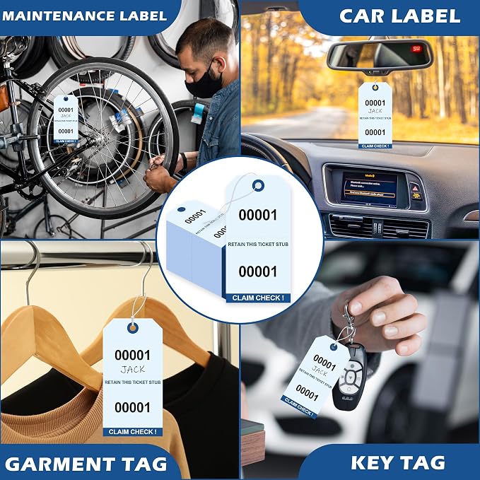 200 Pcs Duplicate Auto Park Tags (Numbered 1-200) 4.72" x 2.36" Inch Valet Parking Tickets with Strings Claim Check Tags with Marker for Valet Coat Check and Hotel Luggage Tags (200, Blue)