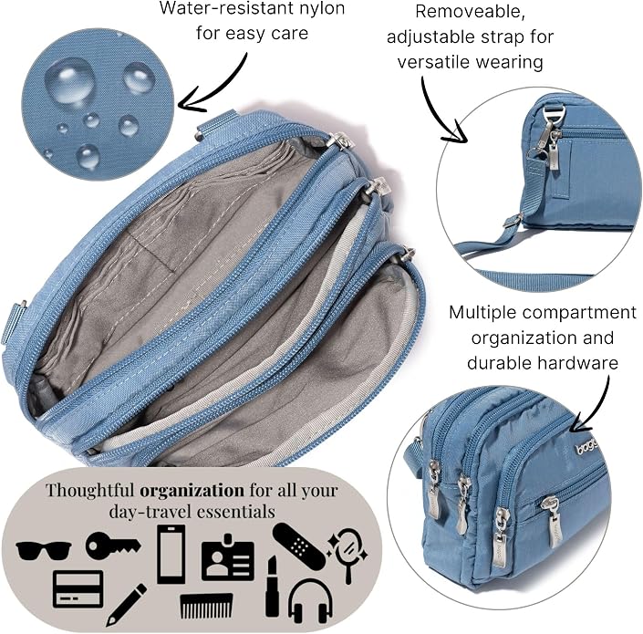 Baggallini Triple Zip Small Crossbody Bag for Women - Lightweight Convertible Fanny Pack Belt Bag
