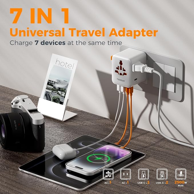 TESSAN Universal Travel Adapter, International Power Adapter with Extra 2 Prong AC Outlet, 5 USB Ports (3 USB C), 28W Worldwide Plug Adaptor for US to Europe UK Australia Ireland (Type C G A I)