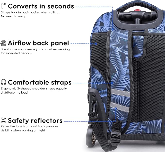 J World Sunrise Kids Rolling Backpack for Girls Boys. Roller Bookbag With Wheels For School, Disco