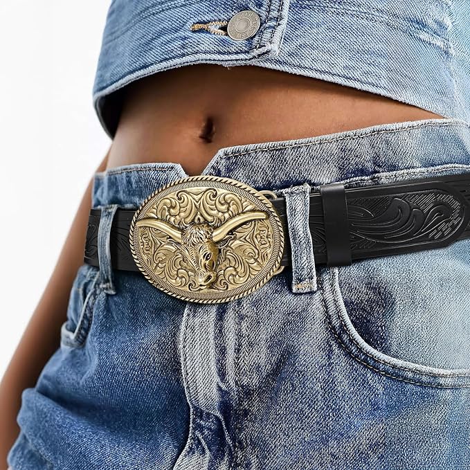SANSTHS Western Cowboy Belts for Men Women, Mens Western Belt Bull Buckle Country Belt Cowboy Leather Belt for Jeans
