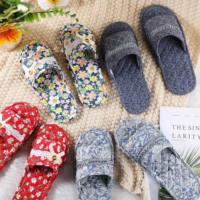 Chuarry 10 Pairs Floral Cotton House Slippers for Guest Women Washable Indoor Cotton Slippers Comfortable Soft Open Toe Slipper Portable Foldable Slipper for Hotel Travel Airplane Spa, 2 Sizes