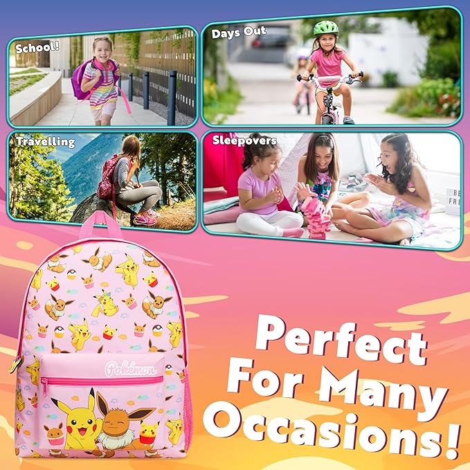 Pokemon Backpack for Kids Teens Boys Girls, Pikachu Anime Backpacks, Bag for Daycare Sports Vacation Travel, School Gift (Pink)