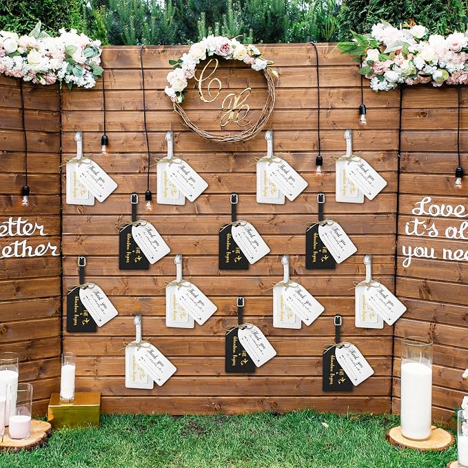 Sweetude 48 Sets Bulk Luggage Tags Wedding Favors and So The Adventure Begins Leather Luggage Tags for Suitcases with Name Card for Travel Themed Bridal Shower Graduation Party Favor(Black, White)