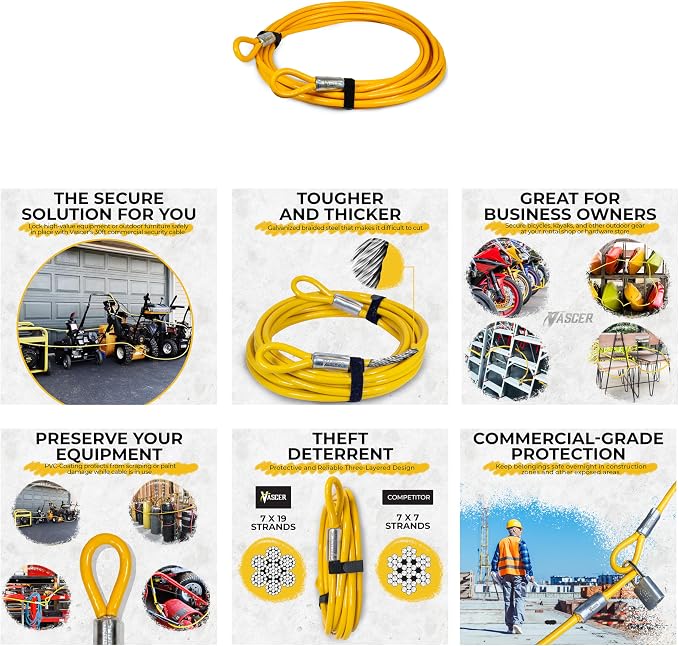 Vascer Commercial Heavy Duty Braided Galvanized Steel Theft Deterrent Security Cable with Looped Ends. (1/2 Inch Thick, 7x19 Construction, 10 Feet)