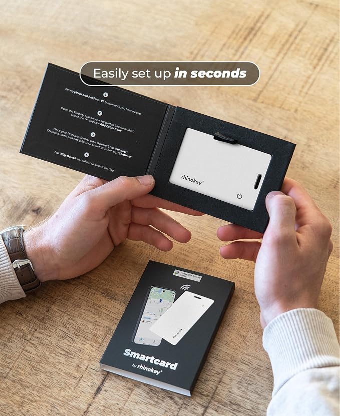 Rhinokey® Wallet Tracker Card (Android Only) 0.07in Slim Rechargeable Smart Tracking Card Works with Google's Find Hub IP68 Tag Item Finder with Key Chain Hole for Luggage (1 Pack - Android - White)