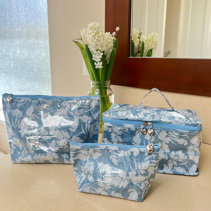 Jacaranda Living Large Cosmetic Bag – Water-Resistant Makeup & Toiletry Bag with PVC-Lined Interior, Travel Beauty Organizer, Floral Denim