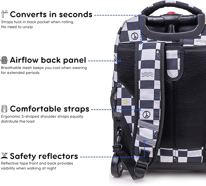 J World Sunrise Kids Rolling Backpack for Boys Girls. Roller Bookbag With Wheels For School, Icon Checkers