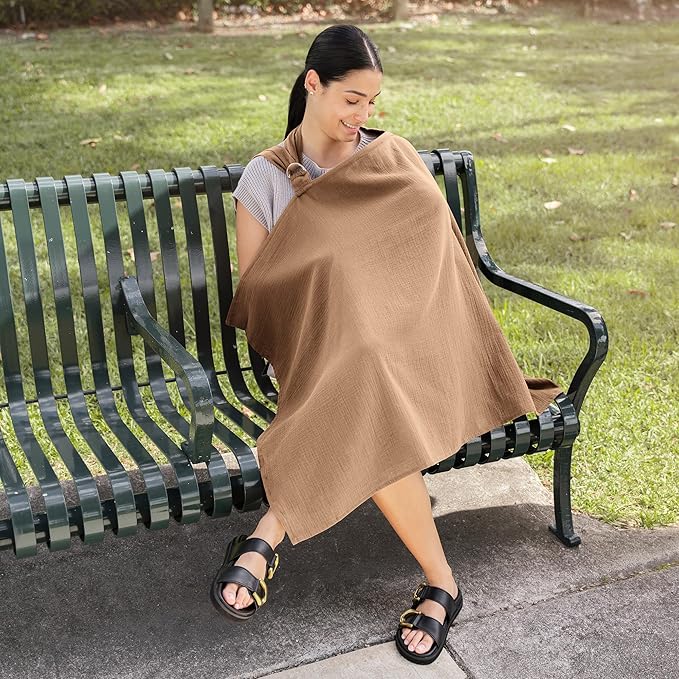 Comfy Cubs Muslin Nursing Cover Pack of 2, 100% Cotton Muslin Breastfeeding Cover for Moms, Soft & Breathable Baby Nursing Scarf, Adjustable Neck Strap - Privacy Coverage - Sand and Cedar