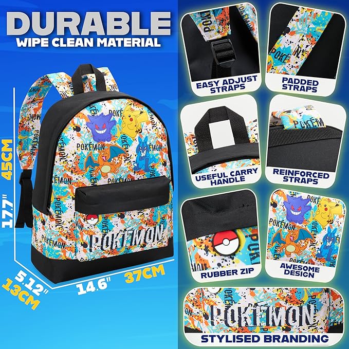 Pokemon Backpack for Kids Teens Boys Girls, Pikachu Anime Backpacks, Bag for Daycare Sports Vacation Travel, School Gift (Multi Graffiti)