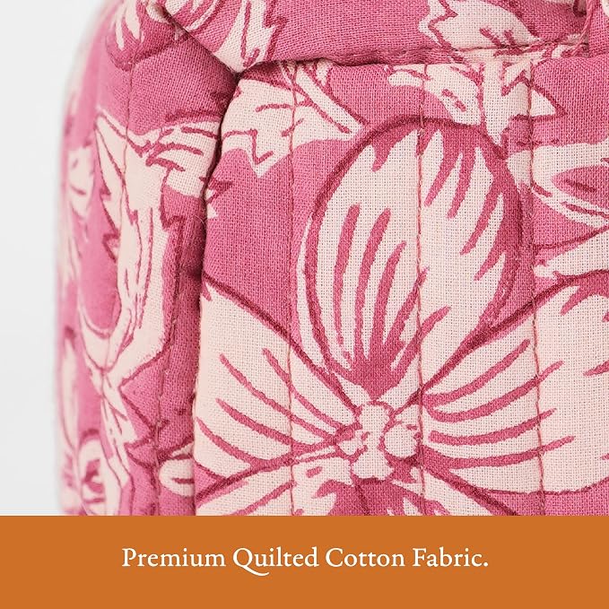 Saffron Marigold Quilted Makeup Bag Set of 3, Hand Block Printed Cotton Cosmetic Bags for Women, Waterproof Lined Travel Toiletry Bag, Coquette Floral Aesthetic, Handmade Gift, Mauve Mist Oleander