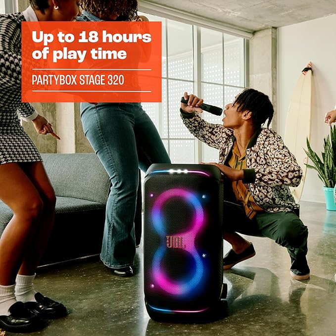 JBL PartyBox Stage 320 - Portable Party Speaker with Telescopic Handle & Wide, Sturdy Wheels, Powerful Pro Sound, Futuristic lightshow, Up to 18 Hours of Play time, Splash Proof (White)