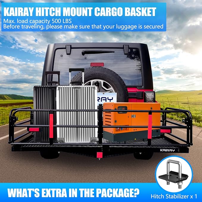 KAIRAY 500 Lbs Heavy Duty Hitch Mount Cargo Carrier 60" x 24" x 14.4" Folding Cargo Rack Rear Luggage Basket Fits 2" Receiver for Car SUV Camping Traveling