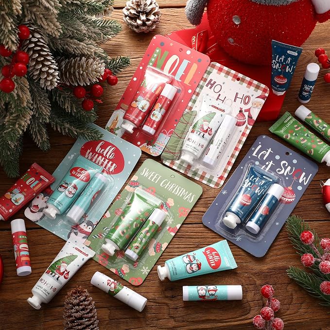 30 Pcs Christmas Hand Cream and Lip Balm Gift Sets, Christmas Stocking Stuffers Travel Size Hand Lotion Lip Balm Xmas Party Holiday Gifts for Women Mom Staff Coworkers Adult Girls