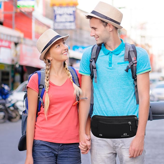Alpine Rivers RFID Money Belt for Travel - Hidden Waist Pouch Passport Holder with RFID Card Sleeves, Slim and Adjustable Fit for Men and Women