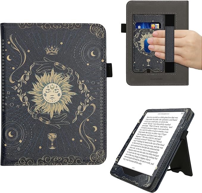 kwmobile Case Compatible with Amazon Kindle Paperwhite (2024)/Colorsoft - Case PU Leather Cover with Magnet Closure, Stand, Strap, Card Slot - Tarot Card Dark Blue/Yellow/Black