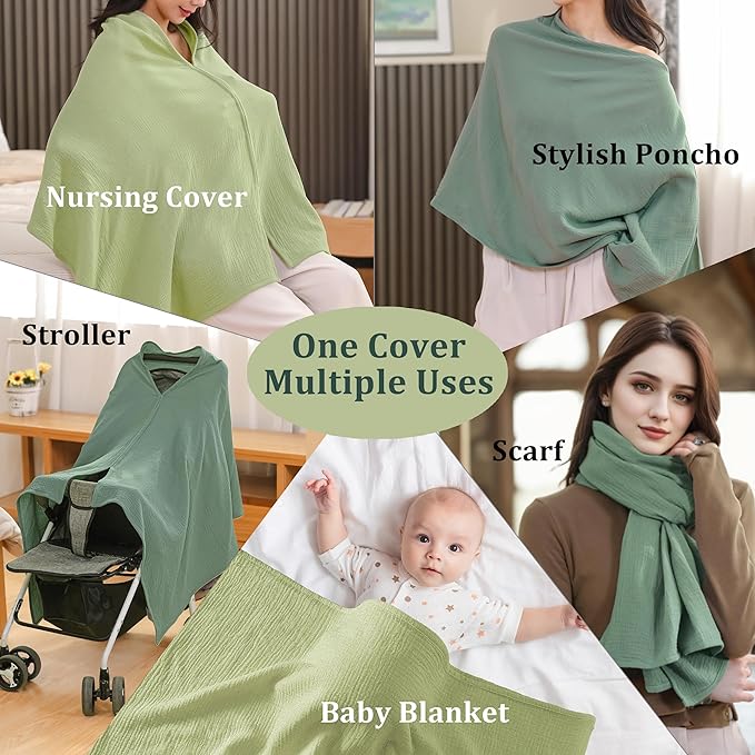TADO MUSLIN 2-Pack Nursing Covers for Breastfeeding, 100% Organic Cotton Muslin Nursing Cover for Mom, Soft Breathable Breastfeeding Cover, Full Privacy Cover for Nursing, Extra Coverage Large Green