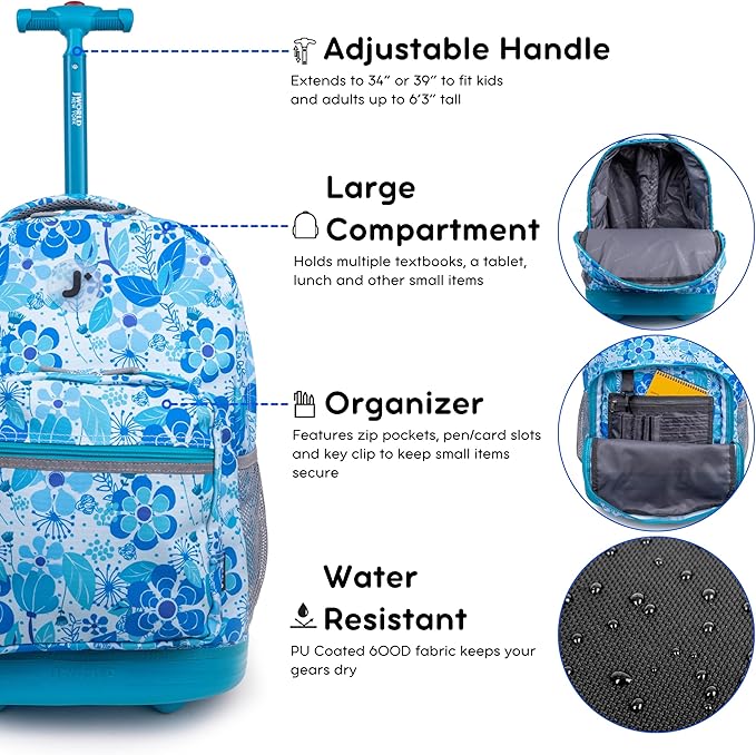J World Sunrise Kids Rolling Backpack for Girls Boys. Roller Bookbag With Wheels For School, Blue Vine