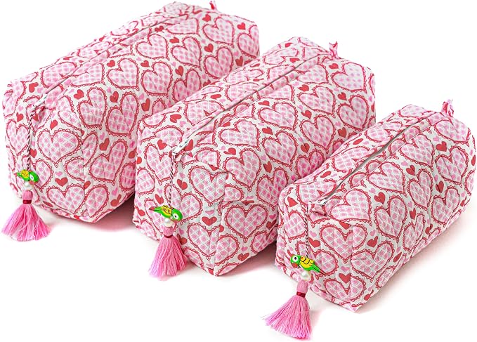 Saffron Marigold Quilted Makeup Bag Set of 3, Hand Block Printed Cotton Cosmetic Bags for Women, Waterproof Lined Travel Toiletry Bag, Coquette Aesthetic, Handmade Gift, Love Blooms